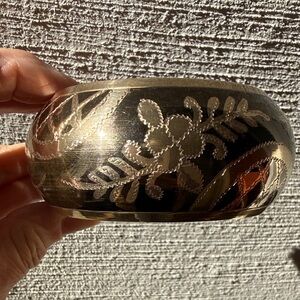 Gold Floral Etched Brass Bangle Bracelet